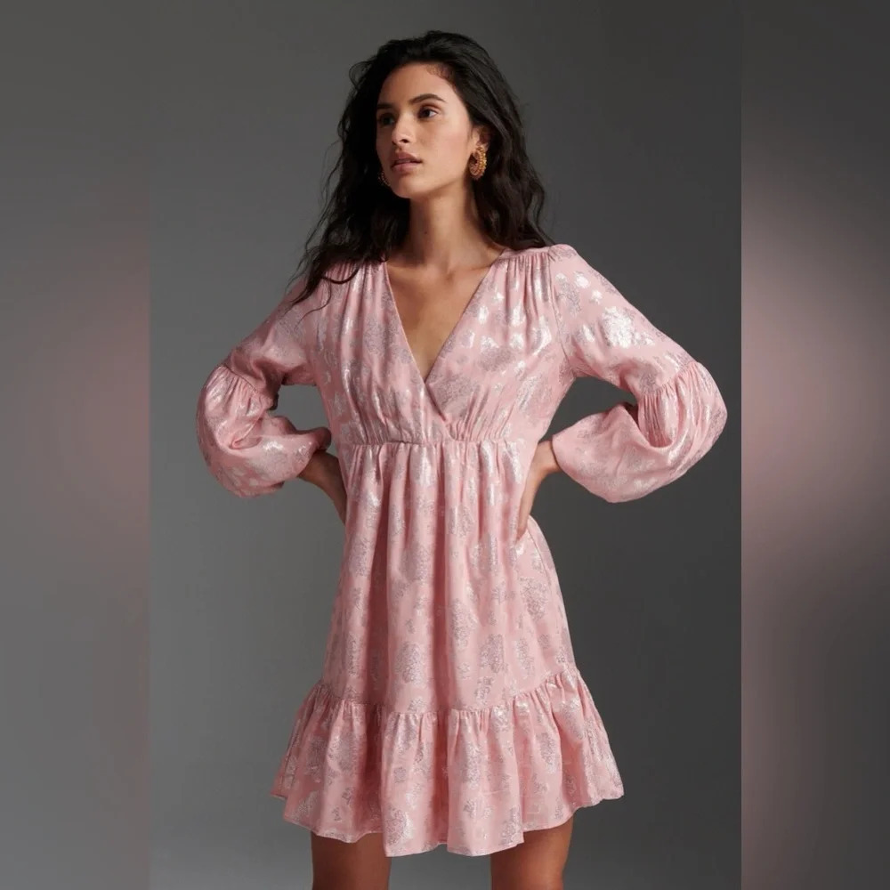 Anthropologie Jolene Jacquard Mini Dress Pink Shimmer Sparkle Puff Sleeve XS NWT - Picture 9 of 9